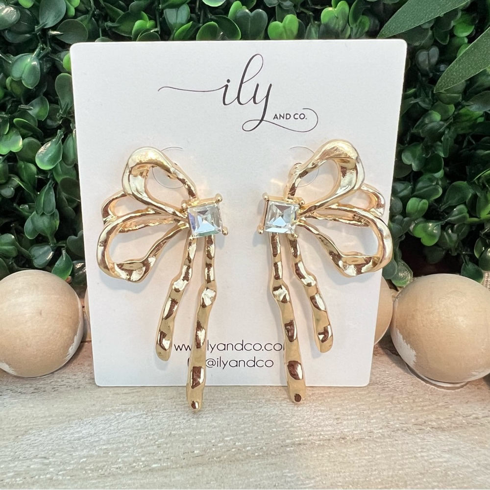 New Half Ribbon and Bow Stud Earrings with Crystal Accent | Gold | Post Back